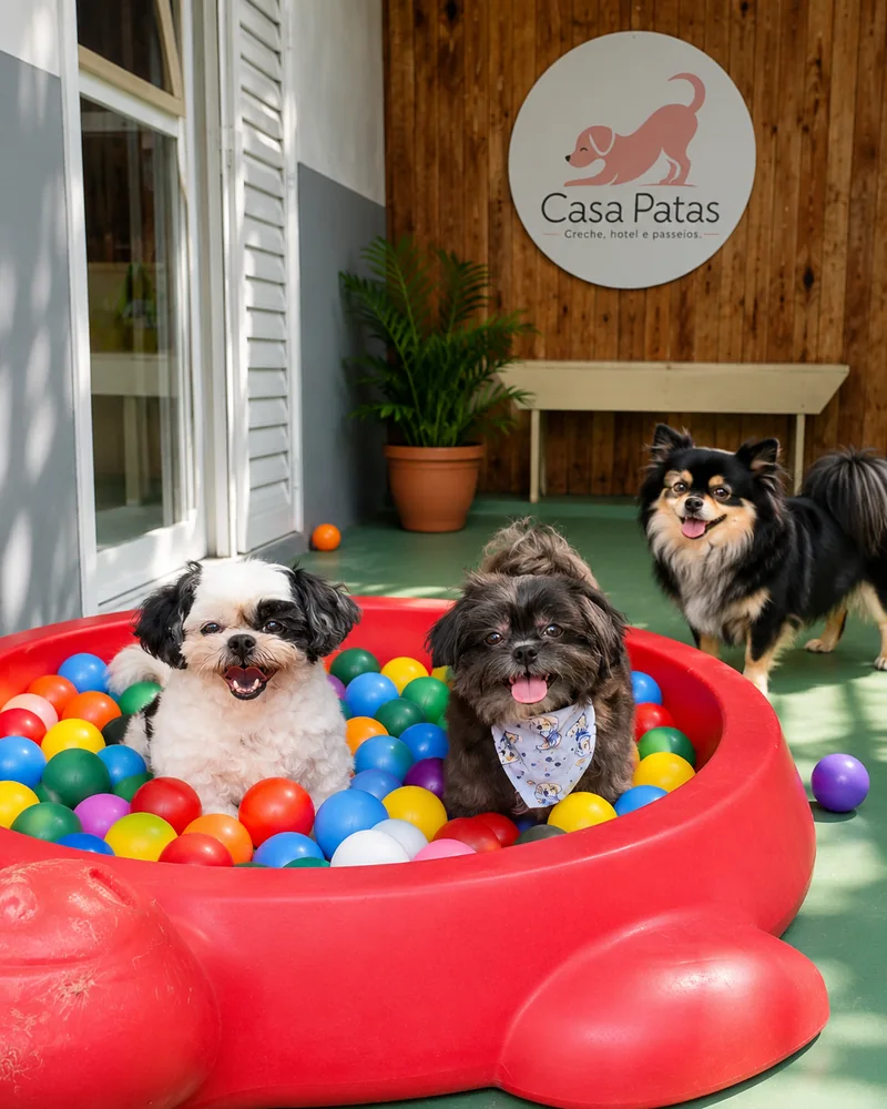 Cães brincando na piscina de bolinhas da Casa Patas